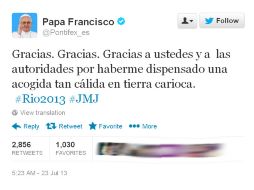 El Papa Francisco agradeció a través de su cuenta en la red Twitter la bienvenida brasileña. ARCHIVO /