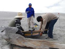Imagen del momento en que expertos del INAH rescatan la proa de una antigua embarcación. Tomada de @bermudezphoto en Twitter. ESPECIAL /
