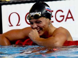 La nadadora de Rusia, Yuliya Efimova, feliz tras nadar la eliminatoria de los 50m braza femeninos. EFE /