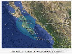 Imagen del Servicio Meteorológico Nacional (SMN) de la trayectoria proyectada para  ''Lorena''. ESPECIAL /