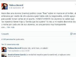 El contenido que publicó Melissa Becerril ha sido compartido por casi dos mil usuarios. ESPECIAL /