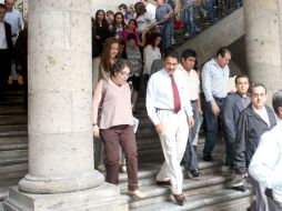 El alcalde Ramiro Hérnandez durante el simulacro de hoy, en Palacio de Gobierno.  /