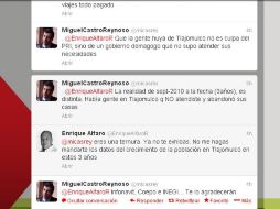 Imagen de los tuits de la discusión entre Alfaro y Miguel Castro. ESPECIAL /