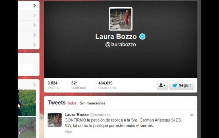 Esta tarde confirmó mediante esta red social, que sigue en pie la petición de réplica a la periodista. ESPECIAL /