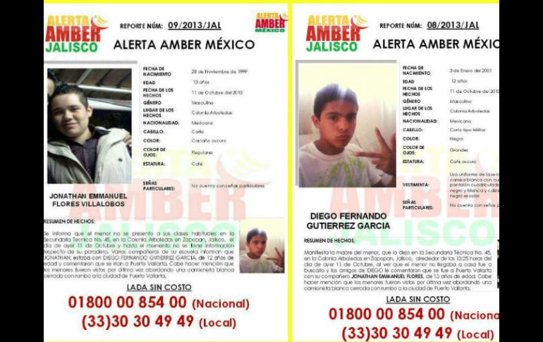 Jonathan Emmanuel Flores Villalobos, de 13 años de edad, y Diego Fernando Gutiérrez García, de 12 años de edad, están desaparecidos. ESPECIAL /