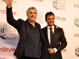 Los directores mexicanoa Alfonso Cuarón (i) y Eugenio Derbez, durante la alfombra roja del FICM. NTX /