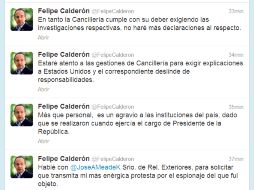 El ex presidente muestra su molestia por el espionaje en su contra a través de su cuenta en Twitter. TOMADA DE @FelipeCalderon  /