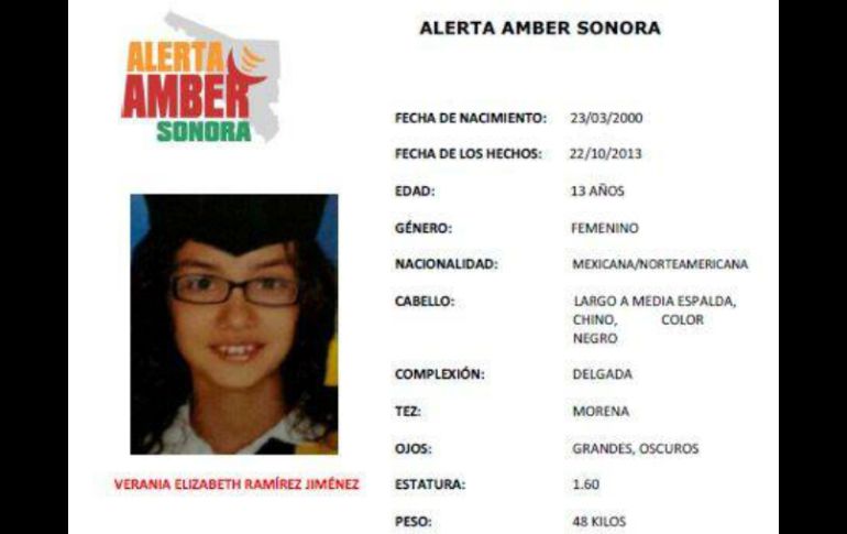 Verania Elizabeth de 13 años vivió en Tucson  y desapareció en Hermosillo hace casi una semana. ESPECIAL /