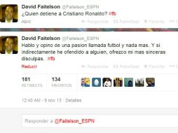 Hace 13 horas el comentarista ofreció una disculpa en su misma cuenta de Twitter @Faitelson_ESPN. ESPECIAL /