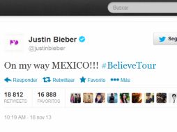 Tuit de Justin Bieber, acerca de su concierto en México. ESPECIAL /
