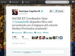 Mensaje dl líder de la oposición venezolana y gobernador del estado Miranda, Henrique Capriles. Foto: @hcapriles. ESPECIAL /