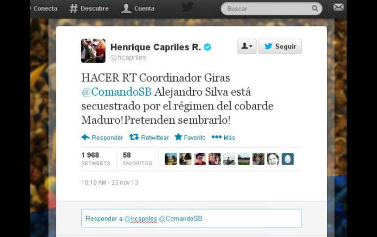 Mensaje dl líder de la oposición venezolana y gobernador del estado Miranda, Henrique Capriles. Foto: @hcapriles. ESPECIAL /