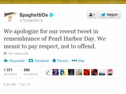 La cuenta de Twitter de SpaghettiOs, envió un mensaje de seguimiento por Twitter, para disculparse por su tuit. ESPECIAL /