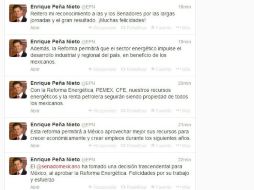 Peña Nieto mandó cinco mensajes en Twitter en los que felicitó al Senado por su trabajo en la reforma energética. ESPECIAL /