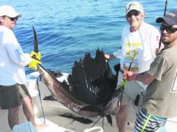 Luis Hernández (izq) y Guillermo Hernández (centro) sostienen la pesca del día junto al marinero Santiago Camberos.  /
