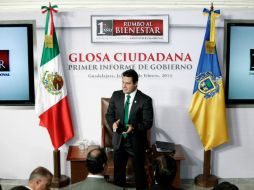 El gobernador Aristóteles Sandoval, dentro de la Glosa Ciudadana de su Primer Informe de Gobierno. ESPECIAL /