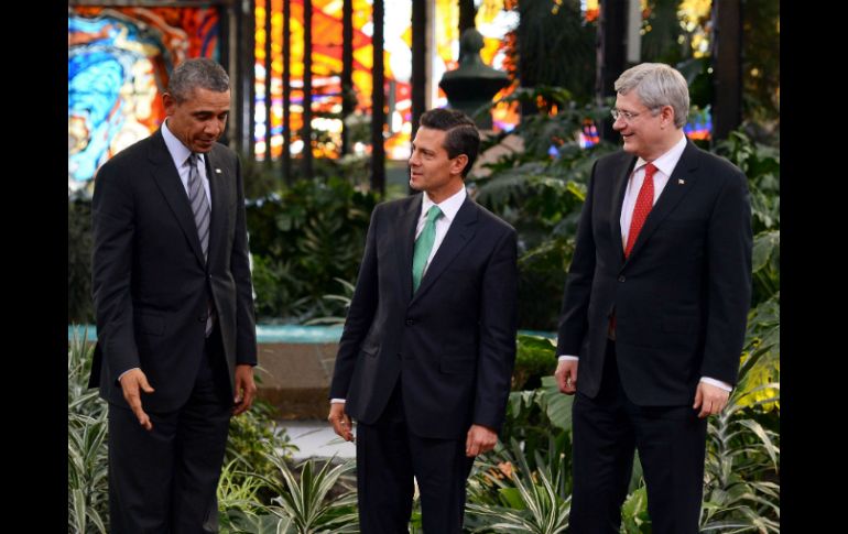 Obama (i), Peña Nieto (c) y Harper (d) durante la toma de la fotografía oficial en el Cosmovitral Jardín Botánico en Toluca. AFP /