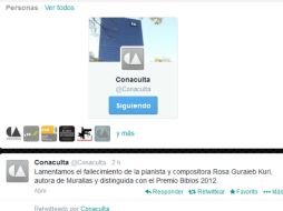 El Conaculta expresó vía 'Twitter' su pesar por la muerte de Kuri. ESPECIAL /