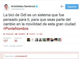 Aristóteles Sandoval utiliza su cuenta oficial para hacer el llamado a la ciudadanía. ESPECIAL /