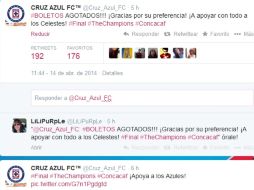 A través de su cuenta de Twitter, la directiva cementera agradeció a los aficionados por adquirir el boletaje. @Cruz_Azul_FC. ESPECIAL /