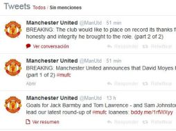'Manchester United anuncia que David Moyes ha dejado el club', afirman en el Twitter del ManU.@ManUtd  /