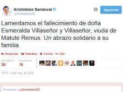 El mandatario estatal utiliza su red social para anunciar la noticia del deceso. ESPECIAL /