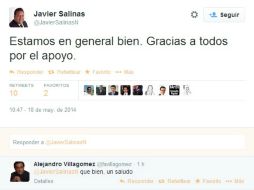 Javier Salinas informó en su cuenta de Twitter @JavierSalinasN, que los afectados se encuentran bien. ESPECIAL /
