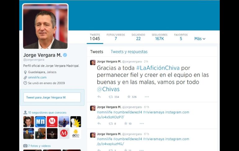 Jorge Vergara agrade el apoyo de los seguidores a través de twitter.Tomada de @jorgevergara. ESPECIAL /