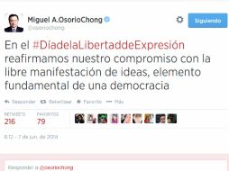 El secretario utiliza el hashtag #DíadelaLibertaddeExpresión para recordar una de las prioridades del Gobierno federal. ESPECIAL /