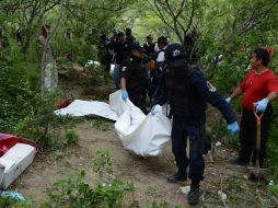 Integrantes de la Policía Federal y militares apoyan a expertos forenses en la zona donde localizaron los cuerpos. EFE /