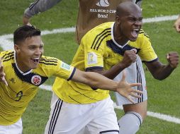 Téofilo Gutiérrez celebra el segundo gol que Colombia anotó a Grecia. El marcador final es de 3-0, a favor de los cafetaleros. AP /