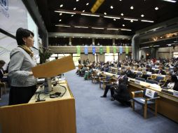 La presidenta de la Asamblea de las Naciones Unidas para el Medio Ambiente, ante los asistentes en el acto de apertura. EFE /