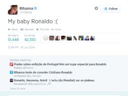 Uno de los ´tuits´ de apoyo a Ronaldo, cuando fueron goleados ante Alemania. FOTO: @rihanna. ESPECIAL /