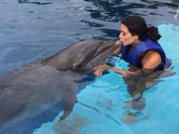 Kim aparece con un chaleco salvavidas mientras besa al cetáceo. ESPECIAL /