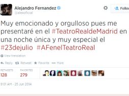 El artista mexicano escribe muy emocionado en su cuenta de Twitter. Foto: @alexoficial. ESPECIAL /