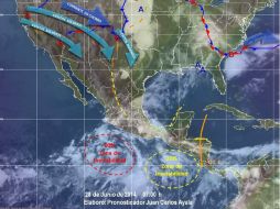 Imagen de la Conagua que muestra las zonas de inestabilidad en la República Mexicana ocasionadas por los dos sistemas de baja presión. ESPECIAL /