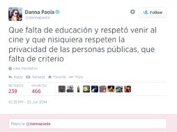 El 'Tuit' que la cantante escribe desde su cuenta. Foto: @dannapaola ESPECIAL /