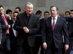 En cardenal Parolín (i) participa en el Coloquio México-Santa Sede sobre Migración y Desarrollo. NTX /