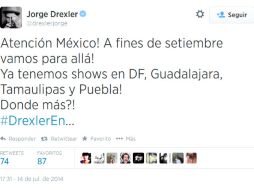 El intérprete utiliza su cuenta oficial de Twitter para hacer el anuncio. ESPECIAL /