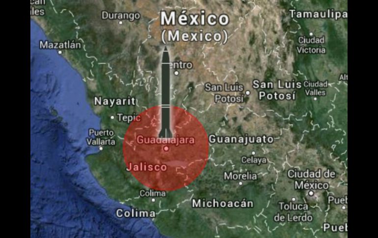 La zona roja en el mapa indica el alcance de un misil M-302 si fuera arrojado desde Guadalajara. ESPECIAL /