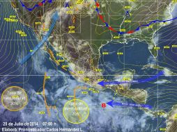 Imagen interpretada por el SMN que muestra las zonas de estabilidad del país para este día. Foto: Conagua. ESPECIAL /