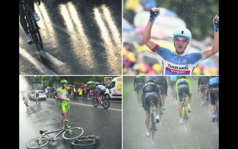 Navardauskas al momento de cruzar la línea de meta (arriba a la derecha). El resto de las fotos ilustran las condiciones de la jornada. AFP /