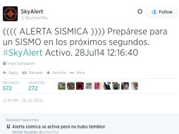 Este es el tuit que escribe SkyAlert en su cuenta oficial de twitter. Foto:@SkyAlertMx. ESPECIAL /