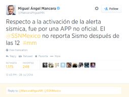 El tuit que emite el jefe de gobierno capitalino, Miguel Ángel Mancera. Foto:@ManceraMiguelMX. ESPECIAL /