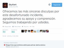 SkyAlert, ofreció disculpas en su cuenta de Twitter. ESPECIAL /