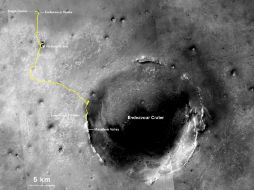La línea amarilla representa la travesía marciana de Opportunity. AFP /