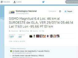 Según reportes del SMN, el movimiento tuvo epicentro al Suroete de Isla Veracruz. Twitter: @SismologicoMX. ESPECIAL /