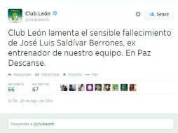 En su Twitter @clubleonfc el León dió a conocer la noticia y lamentó el fallecimiento. ESPECIAL /