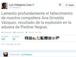 A través de Twitter, Videgaray lamenta el fallecimiento de la trabajadora. ESPECIAL /