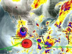 Imagen que muestra las bandas nubosas del sistema en el Océano Pacífico. ESPECIAL / smn.conagua.gob.mx